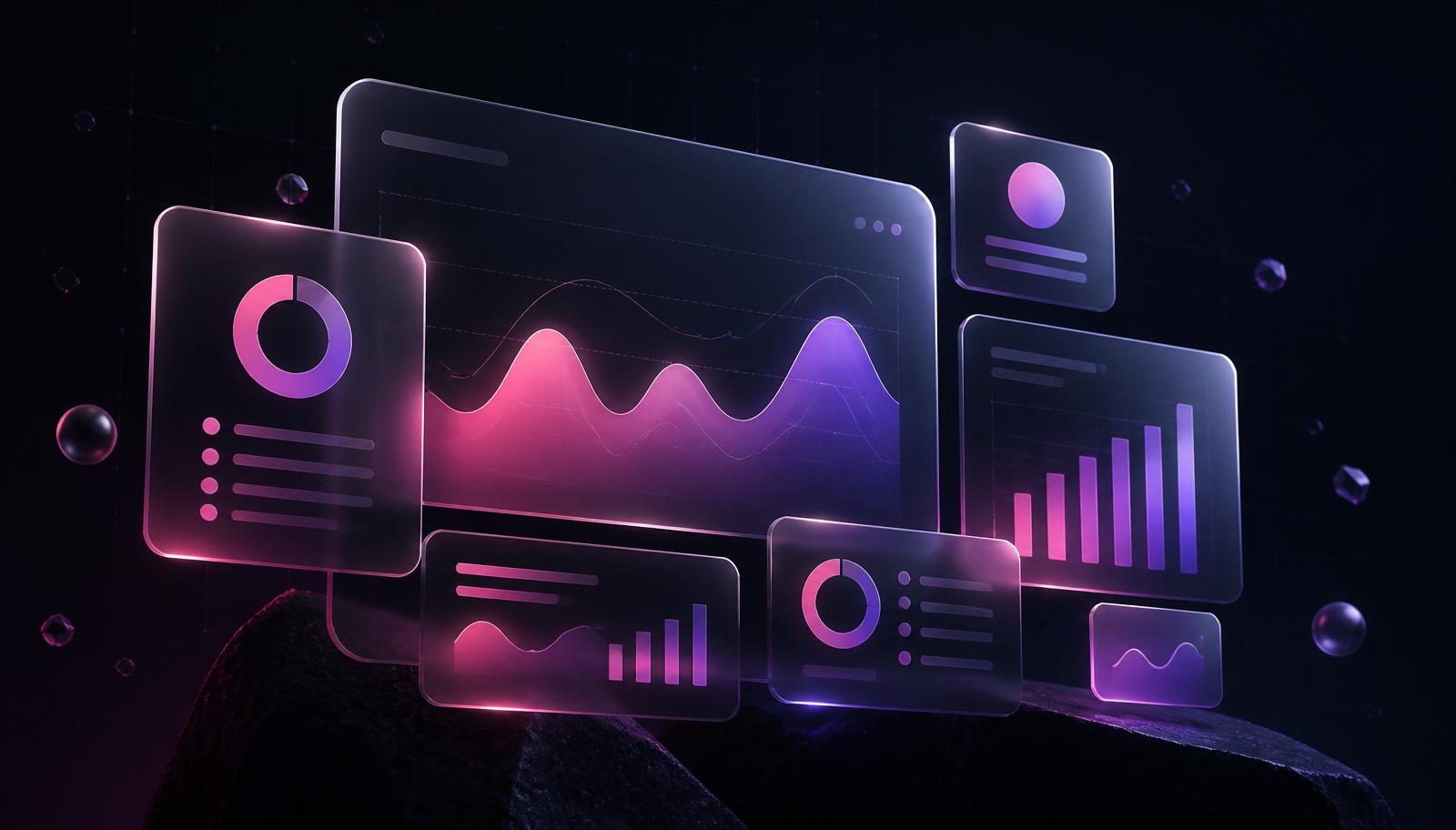 Dark editorial illustration of glassmorphism dashboards with pink and violet gradient charts representing OnlyFans agency analytics