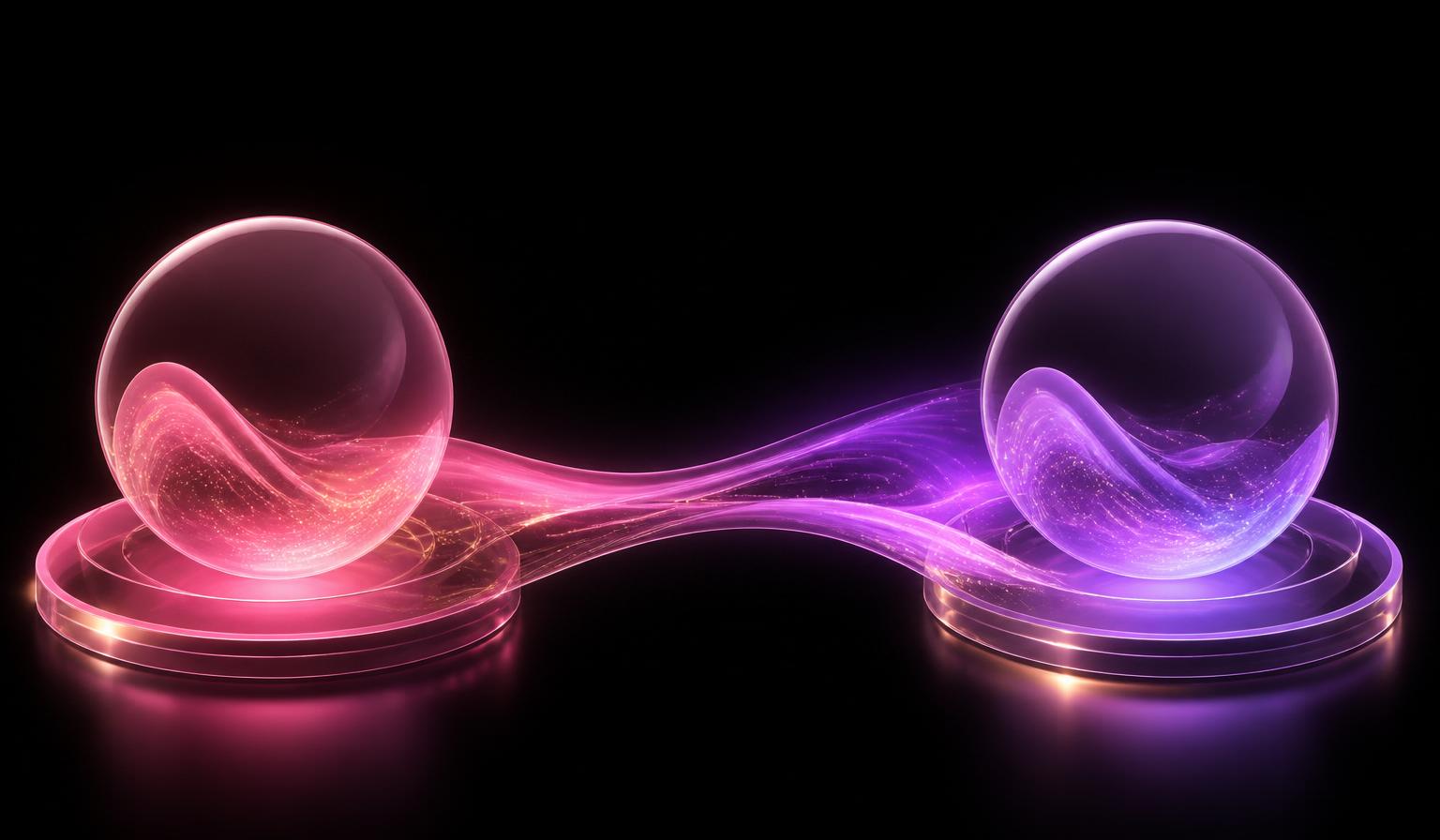 Two glowing glass orbs connected by a pink-to-violet bridge representing OnlyFans and Fansly diversification
