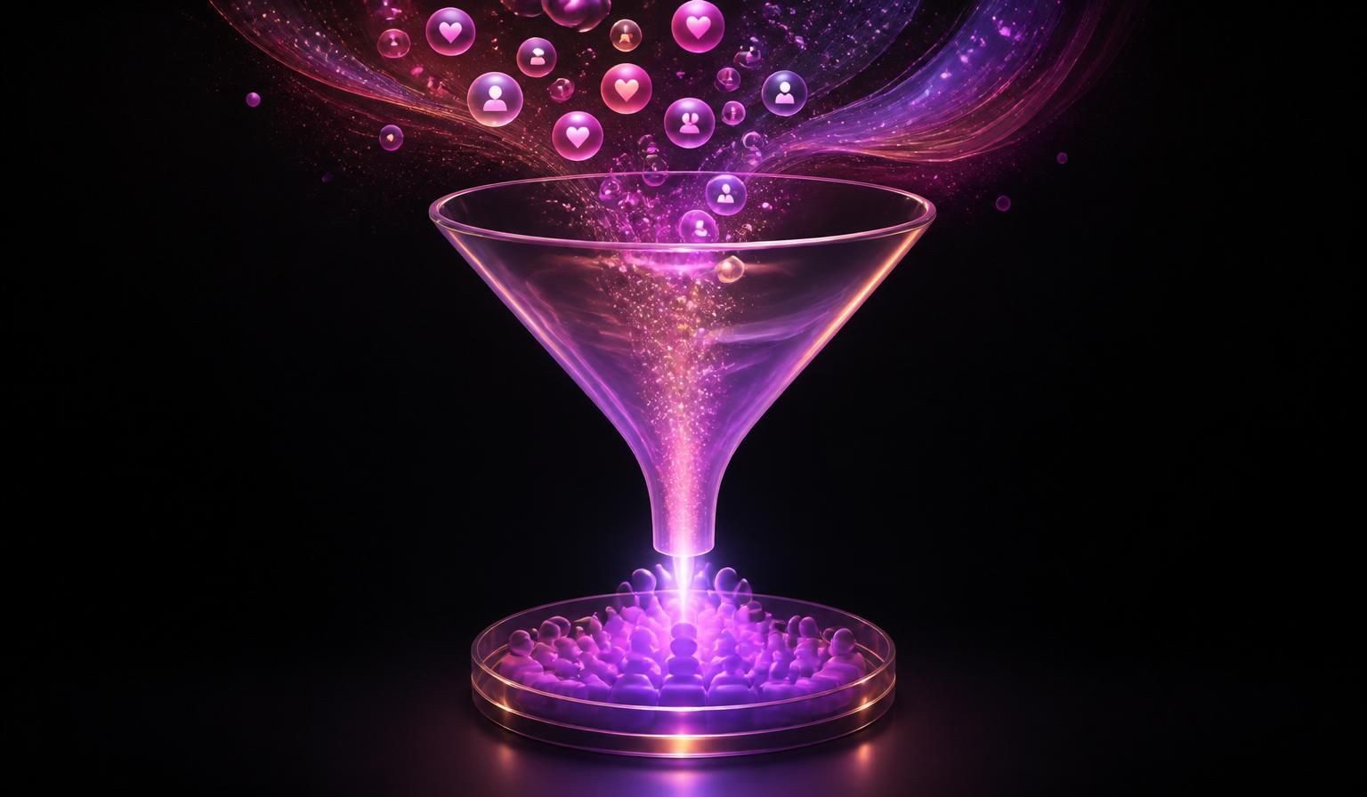 Glowing glass funnel converting social traffic into OnlyFans subscribers, pink and violet gradient on black