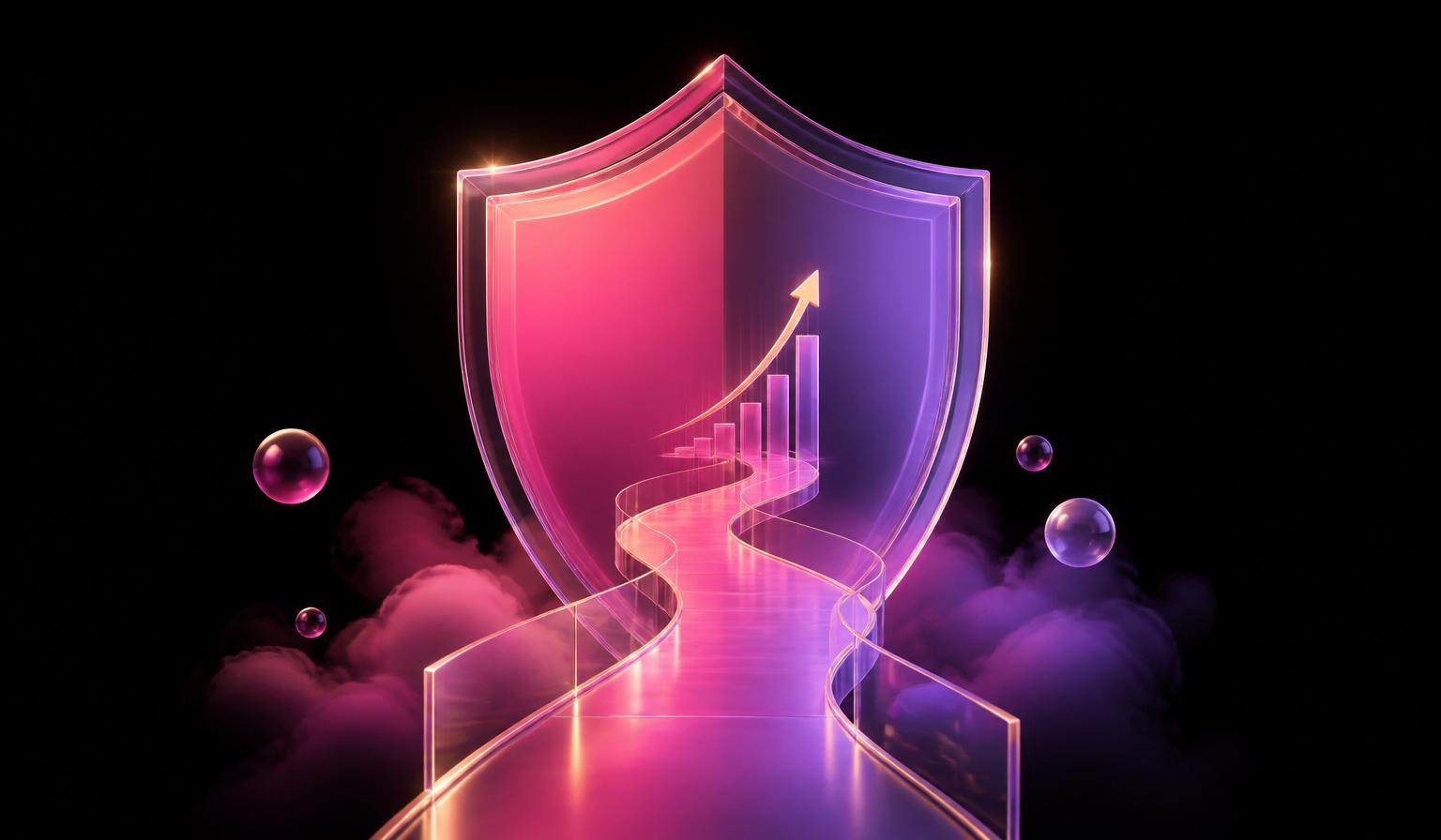 Glowing glass shield protecting a glowing path leading to growth — pink and violet gradient on black