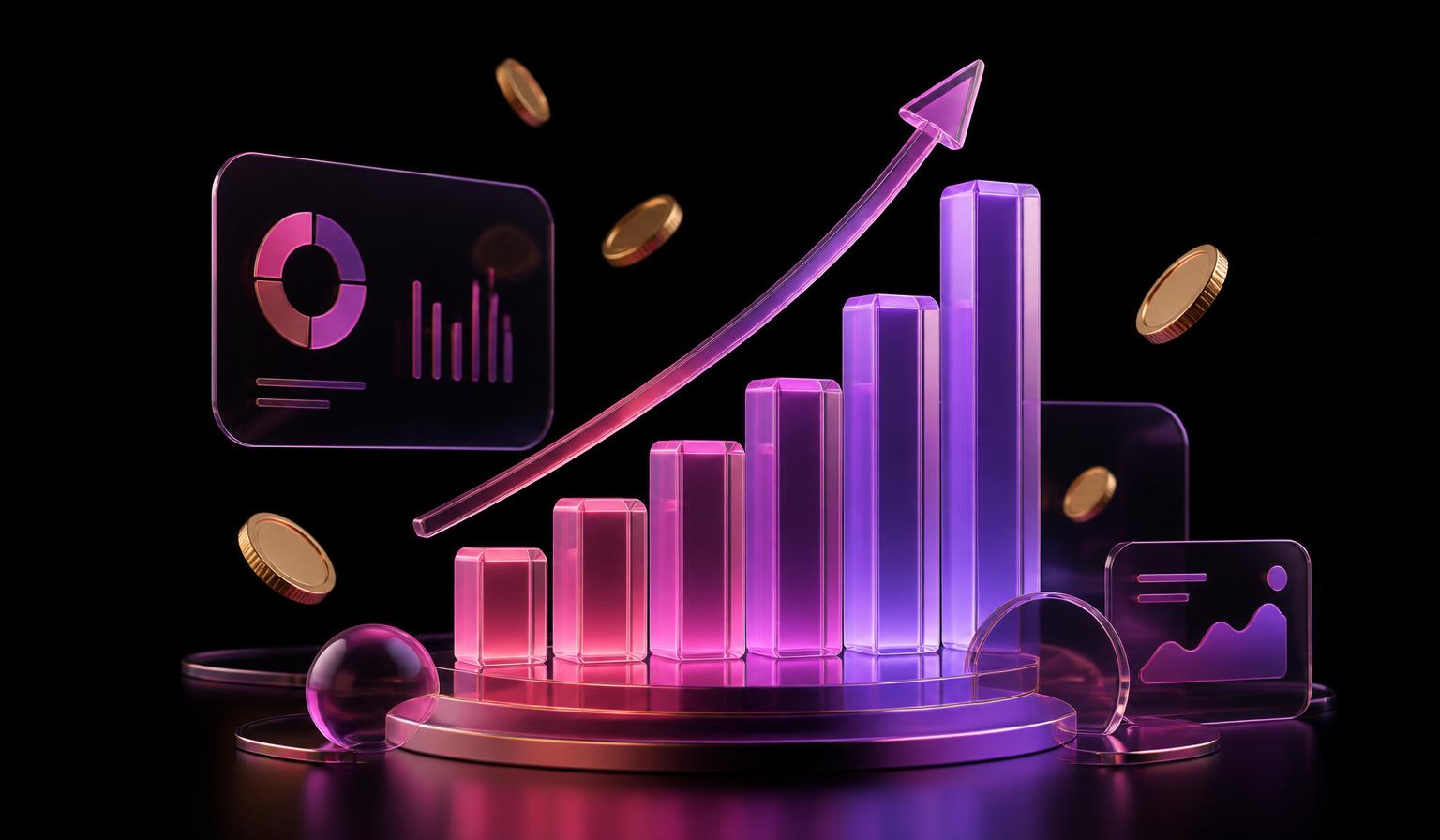 Glass revenue chart rising with pink and violet bars and gold coins on a black background